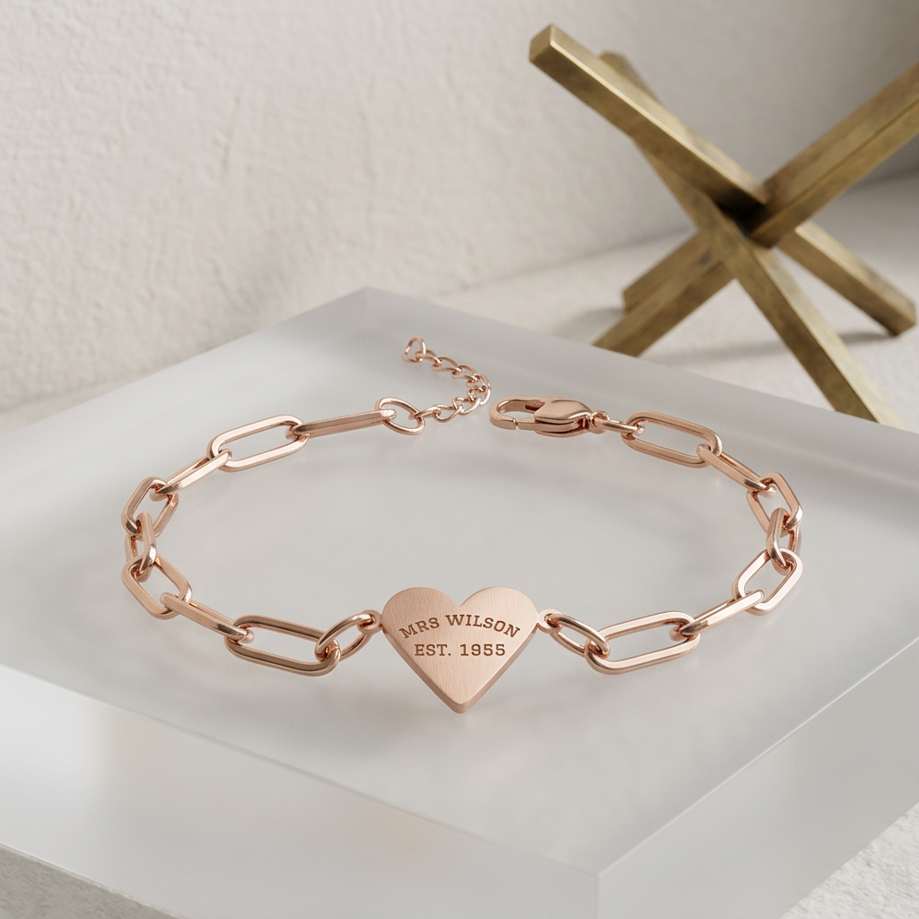 Engraved Paperclip Heart Bracelet | Rose Gold Personalized Chain