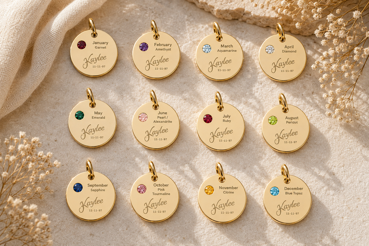 Engraved Birthstone Circle Charm Personalized Pendant | Stainless Steel