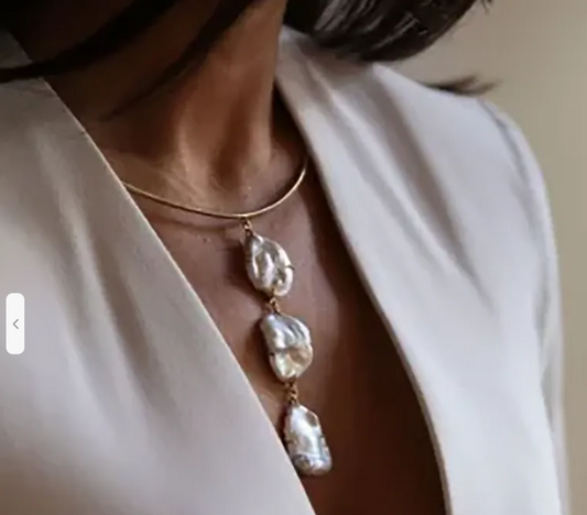 18K Gold Plated Tubular Collar Choker w/ Dangling Freshwater Pearls | Waterproof Stainless Steel