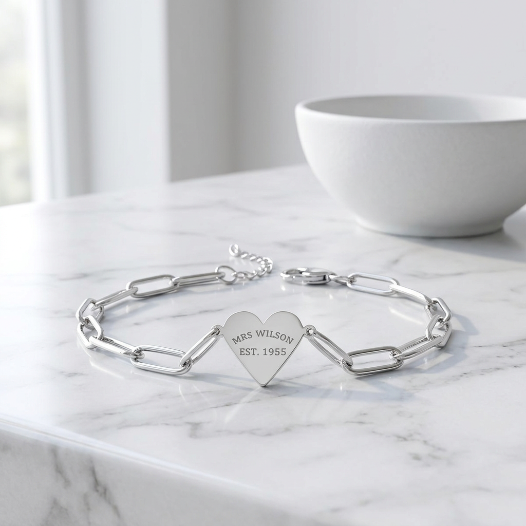 Engraved Paperclip Heart Bracelet | Rose Gold Personalized Chain