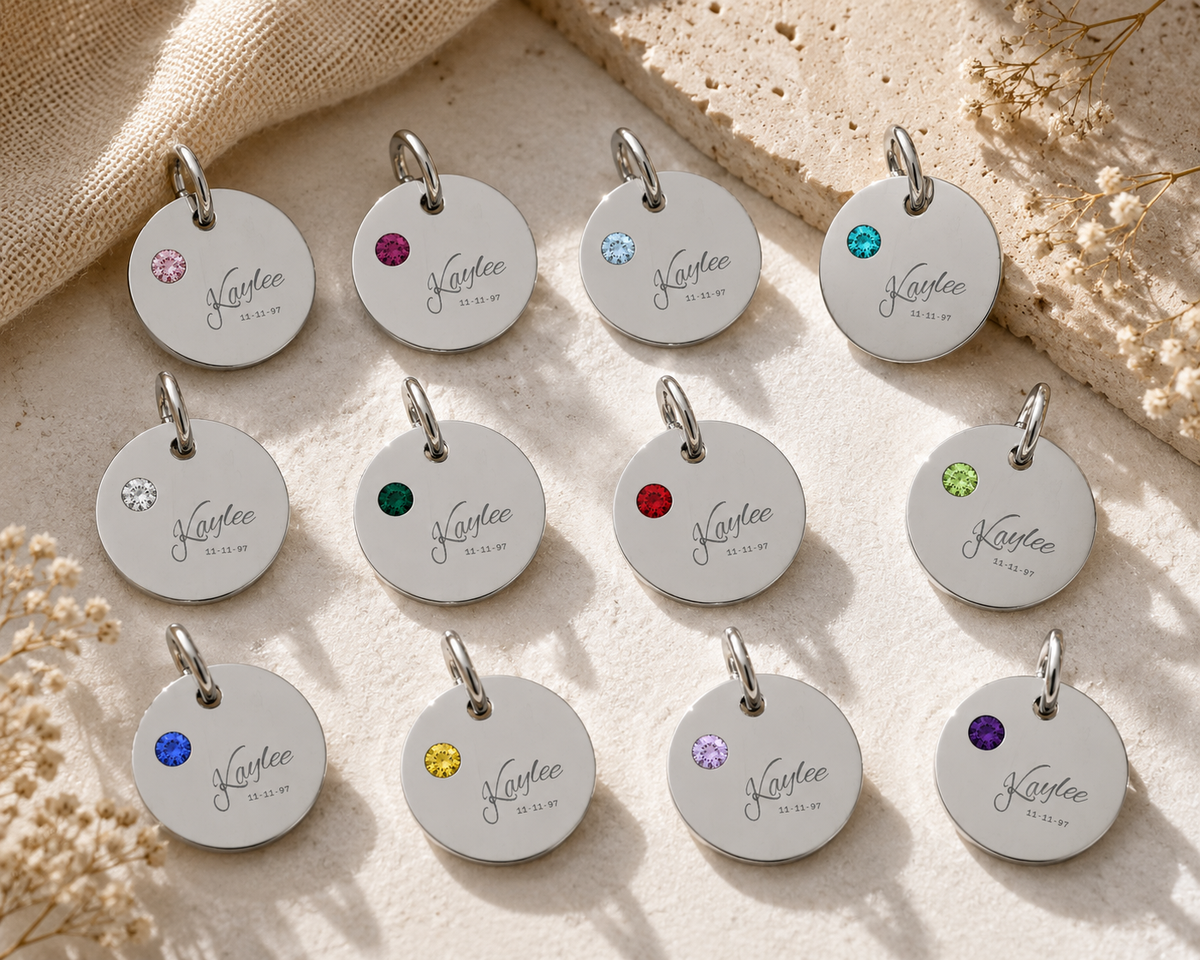 Engraved Birthstone Circle Charm Personalized Pendant | Stainless Steel