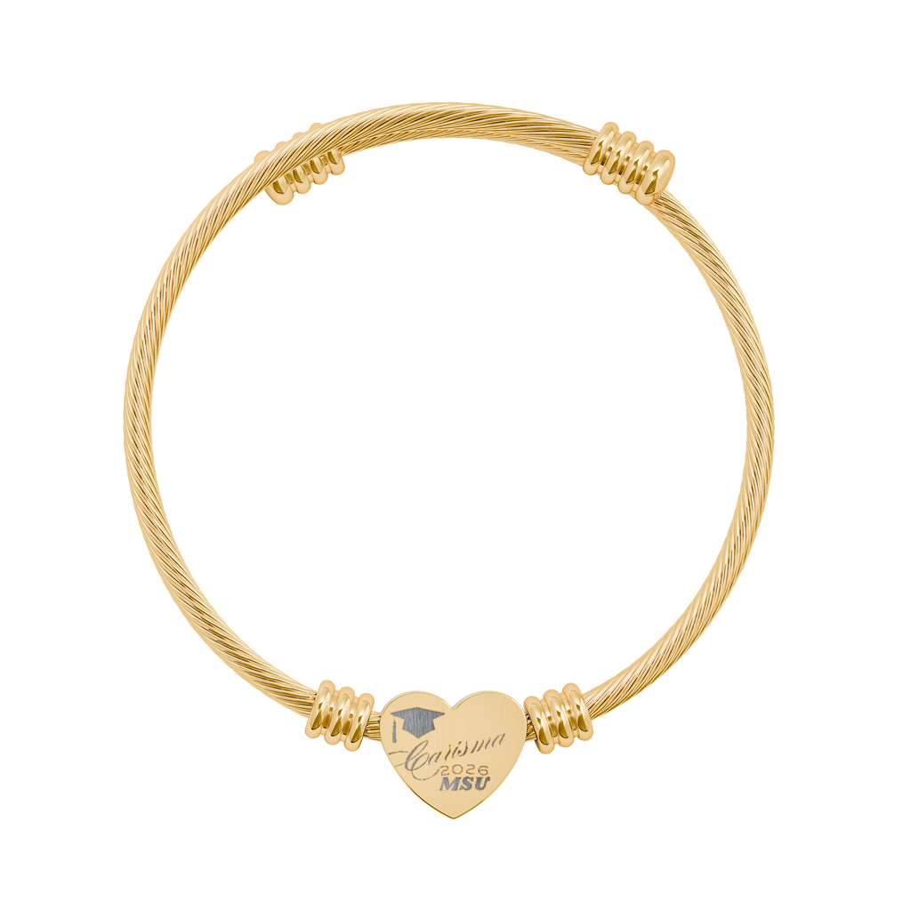Personalized Engraved Heart Cuff Bracelet | Cable Wire Bangle with Heart Plate| Graduation Gift