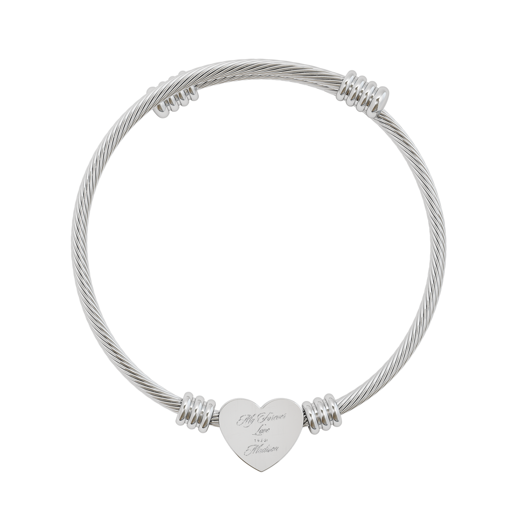 Personalized Engraved Heart Cuff Bracelet | Cable Wire Bangle with Heart Plate| Graduation Gift