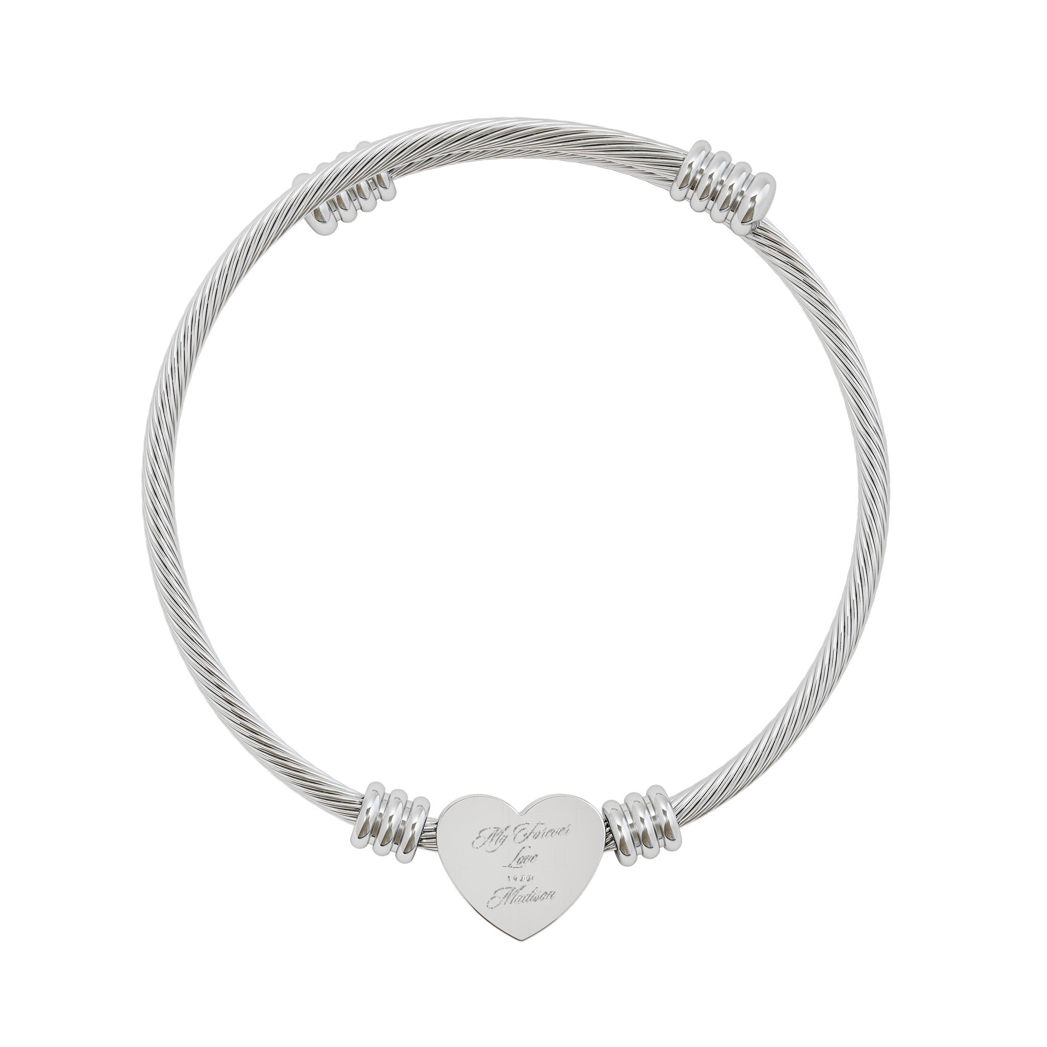 Personalized Engraved Heart Cuff Bracelet | Cable Wire Bangle with Heart Plate| Graduation Gift