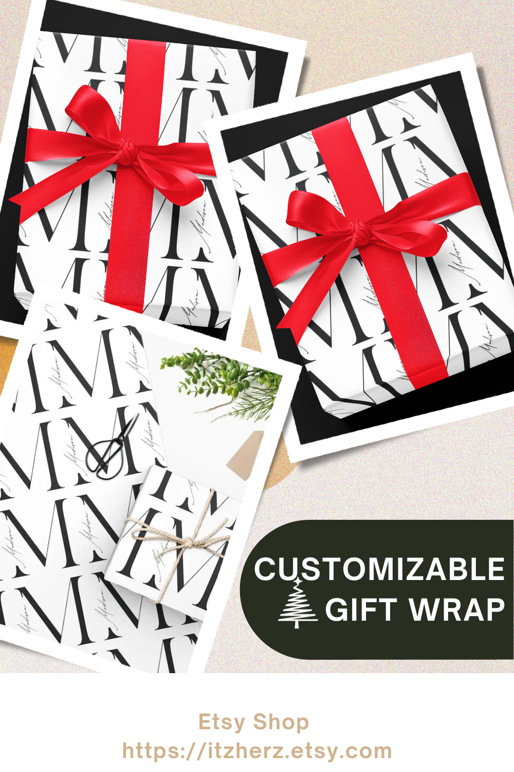 Monogrammed Luxury Gift Wrap – Elegant Personalized Wrapping Paper with Red Satin Ribbon