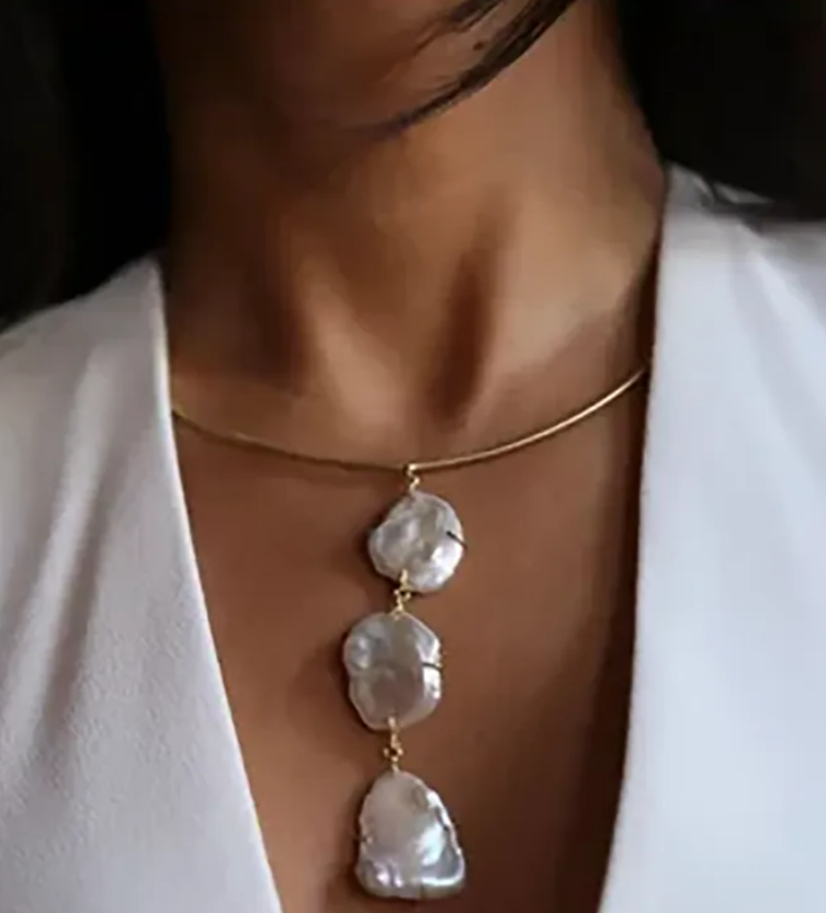 18K Gold Plated Tubular Collar Choker w/ Dangling Freshwater Pearls | Waterproof Stainless Steel