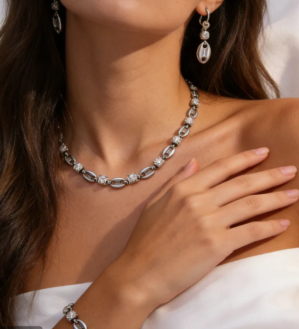 Mariner Link Necklace | Crystal Rhinestone Chain | Stainless Steel Statement Necklace