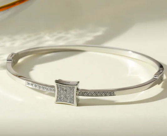 Geometric Pave Bangle Bracelet | 18K Gold Plated Crystal Cuff | Gold or Silver Stainless Steel Bangle