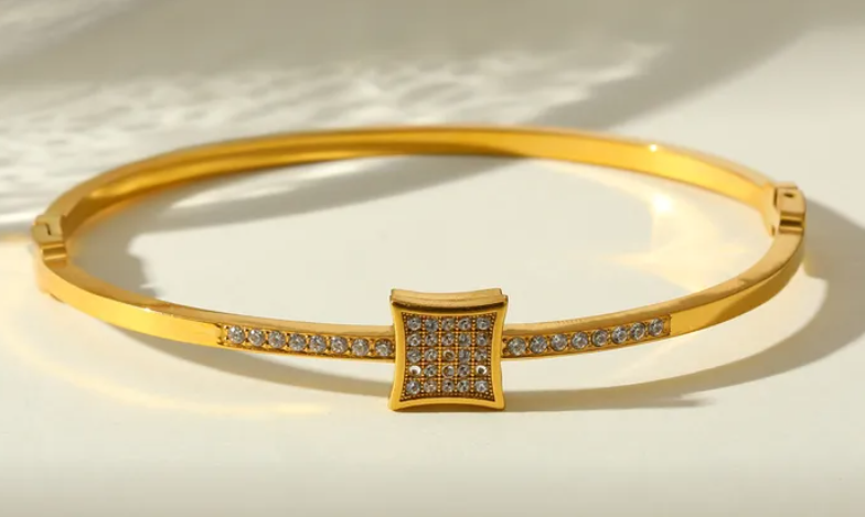 Geometric Pave Bangle Bracelet | 18K Gold Plated Crystal Cuff | Gold or Silver Stainless Steel Bangle