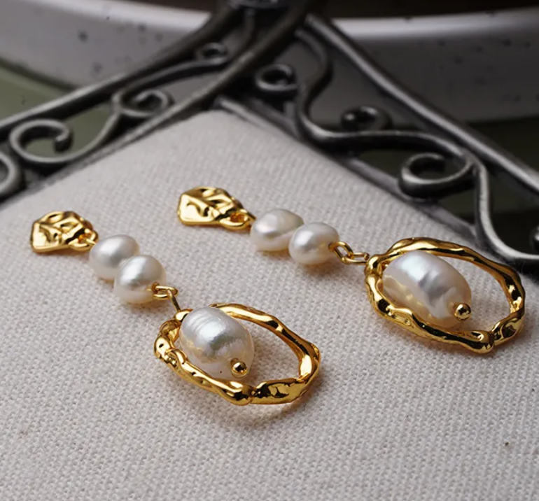 Baroque Pearl Drop Earrings | 18K Gold Plated Organic Hammered Hoop Earrings | Freshwater Pearl Statement Earrings