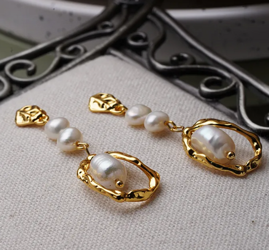 Baroque Pearl Drop Earrings | 18K Gold Plated Organic Hammered Hoop Earrings | Freshwater Pearl Statement Earrings