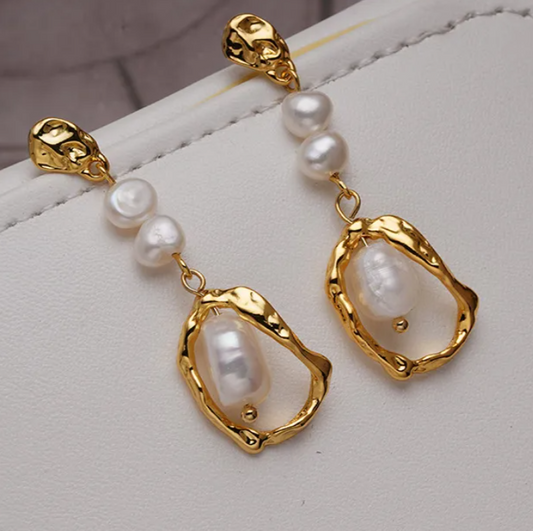 Baroque Pearl Drop Earrings | 18K Gold Plated Organic Hammered Hoop Earrings | Freshwater Pearl Statement Earrings