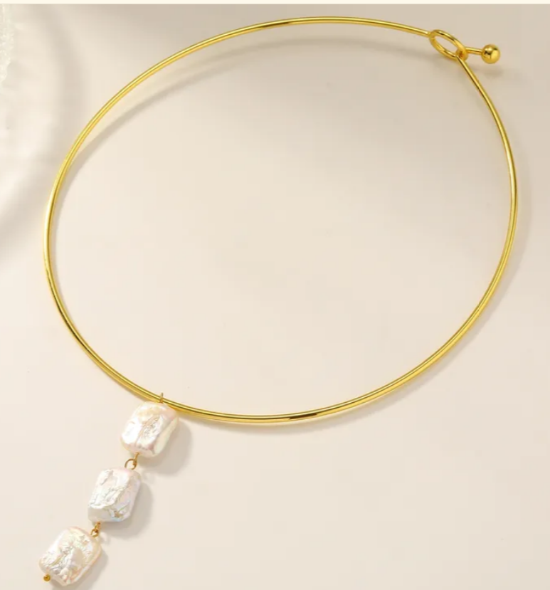 18K Gold Plated Tubular Collar Choker w/ Dangling Freshwater Pearls | Waterproof Stainless Steel