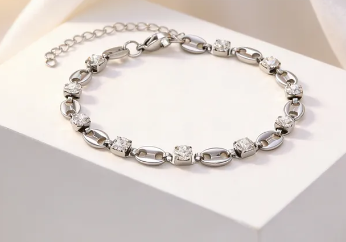 Silver Mariner Link Necklace | Crystal Rhinestone Chain | Stainless Steel Statement Necklace
