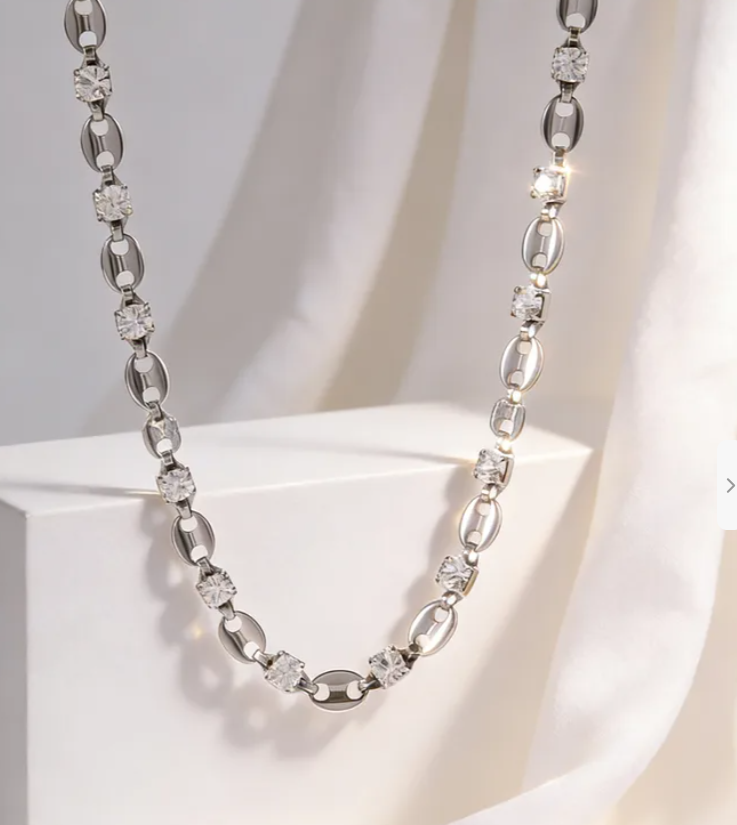Silver Mariner Link Necklace | Crystal Rhinestone Chain | Stainless Steel Statement Necklace