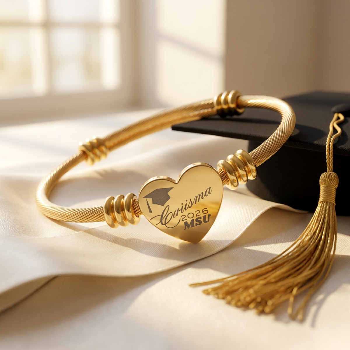Personalized Engraved Heart Cuff Bracelet | Cable Wire Bangle with Heart Plate| Graduation Gift