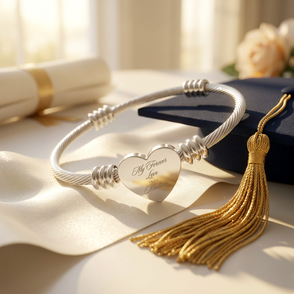 Personalized Engraved Heart Cuff Bracelet | Cable Wire Bangle with Heart Plate| Graduation Gift