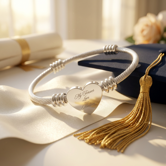 Personalized Engraved Heart Cuff Bracelet | Cable Wire Bangle with Heart Plate| Graduation Gift