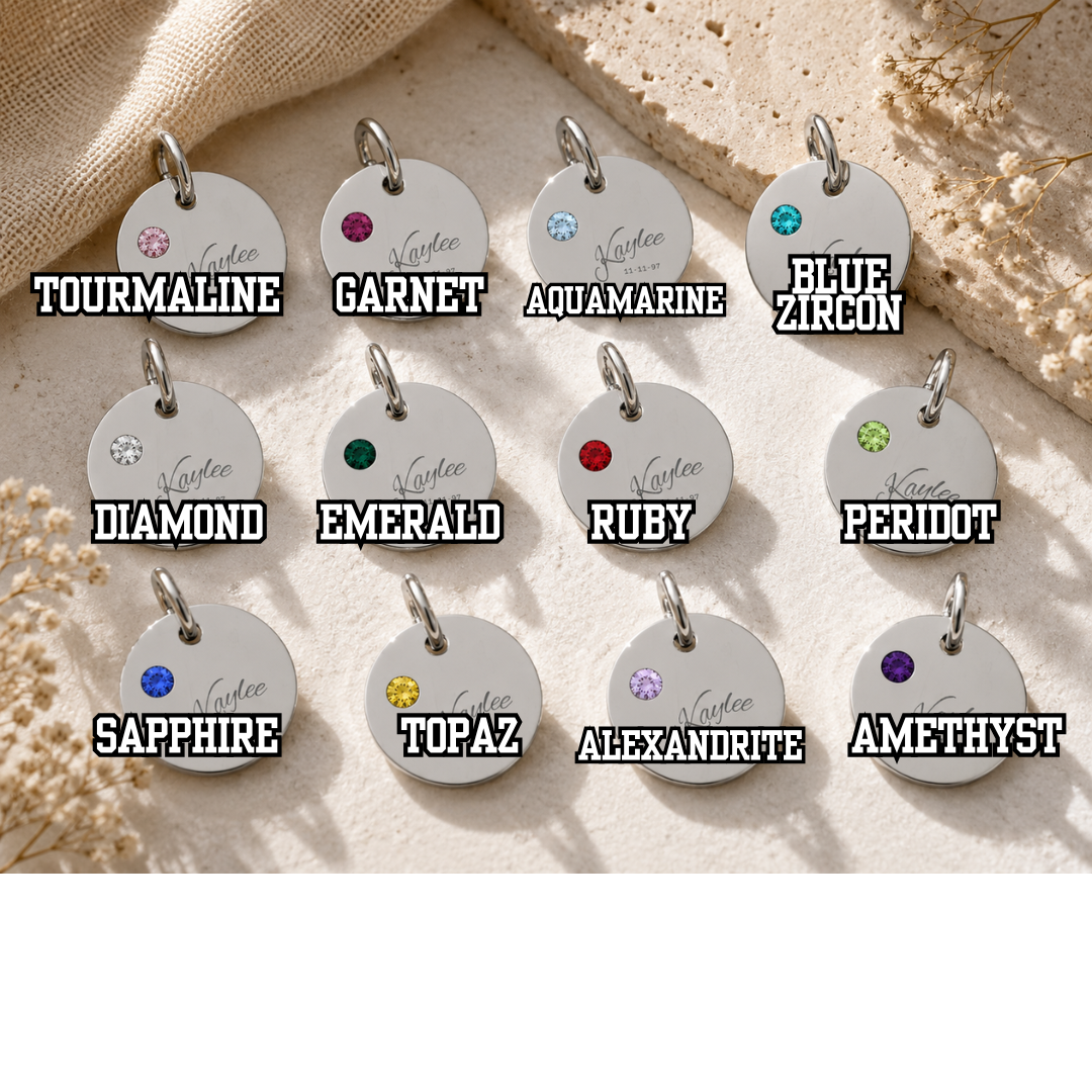 Engraved Birthstone Circle Charm Personalized Pendant | Stainless Steel