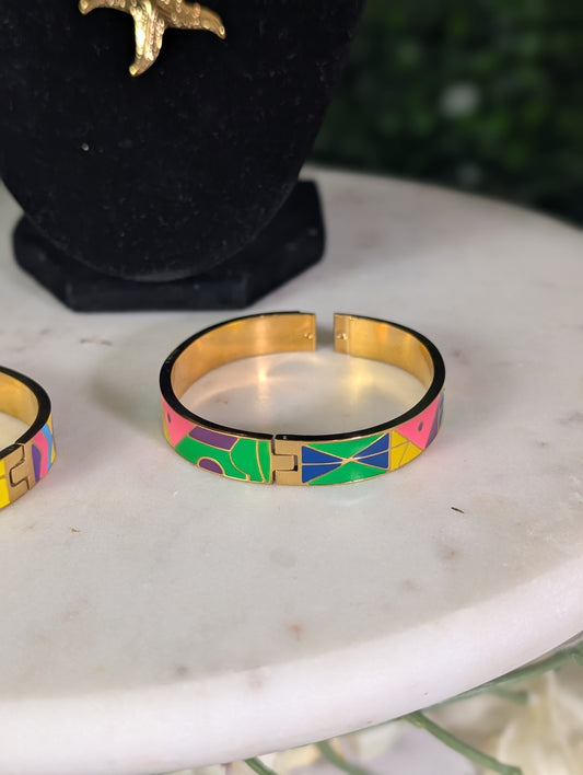 Nefertiti Cuff Bangle Set, 18K Gold Over Brass, Enamel Geometric Bracelet, Egyptian Jewelry