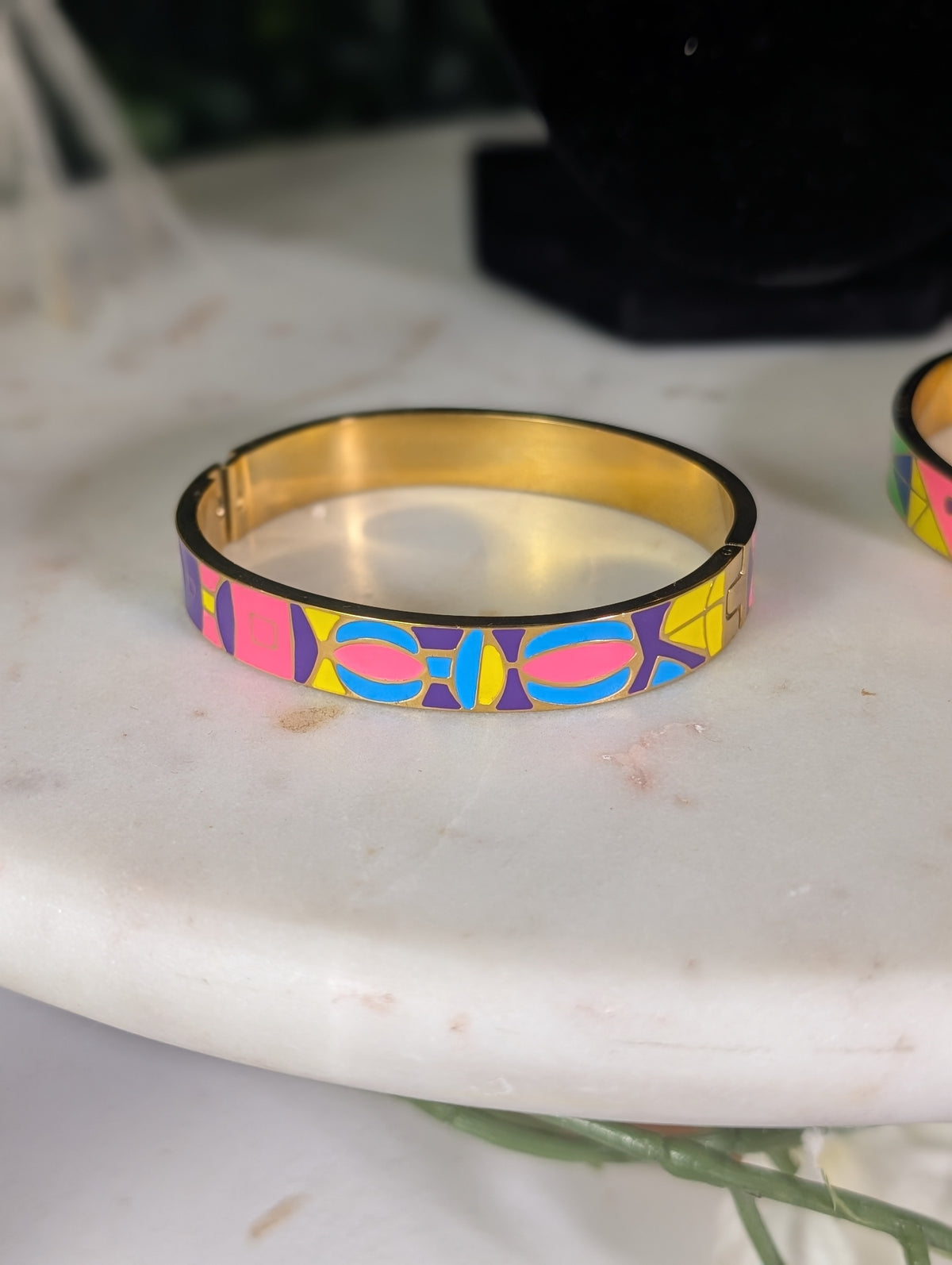 Nefertiti Cuff Bangle Set, 18K Gold Over Brass, Enamel Geometric Bracelet, Egyptian Jewelry