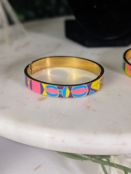 Nefertiti Cuff Bangle Set, 18K Gold Over Brass, Enamel Geometric Bracelet, Egyptian Jewelry