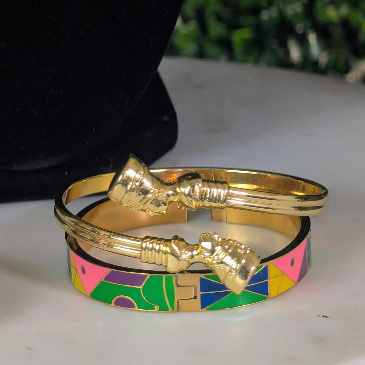 Nefertiti Cuff Bangle Set, 18K Gold Over Brass, Enamel Geometric Bracelet, Egyptian Jewelry