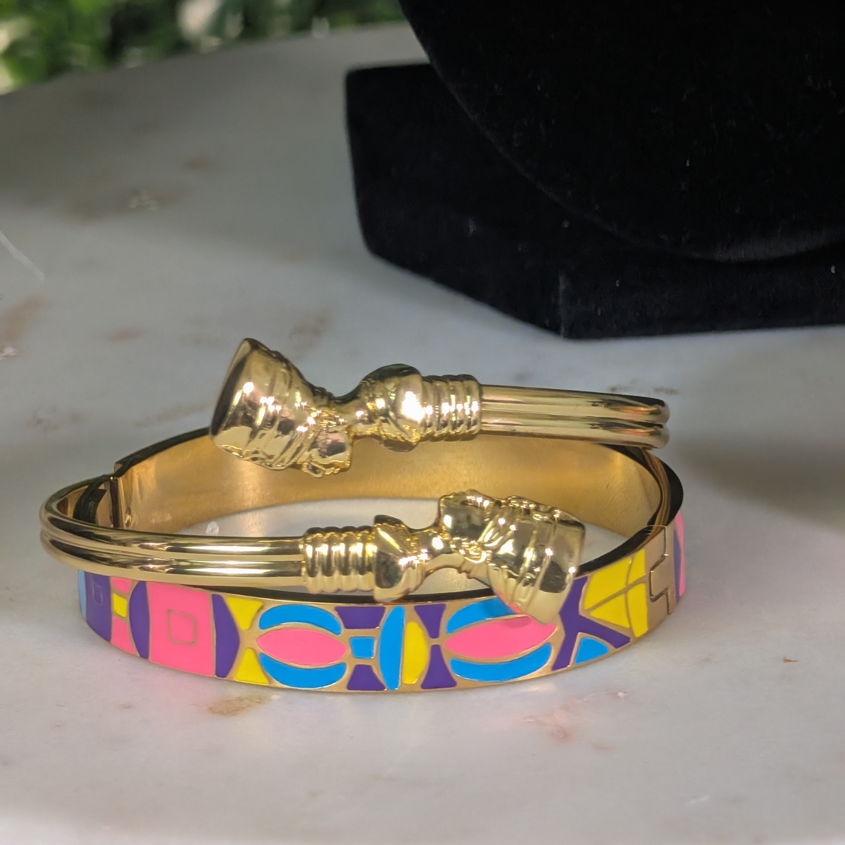 Nefertiti Cuff Bangle Set, 18K Gold Over Brass, Enamel Geometric Bracelet, Egyptian Jewelry